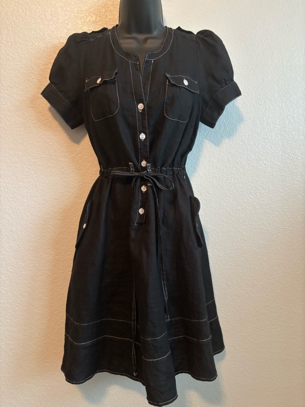 Maeve Black Short-Sleeve Linen Button Front Midi Dress with Tie Waist